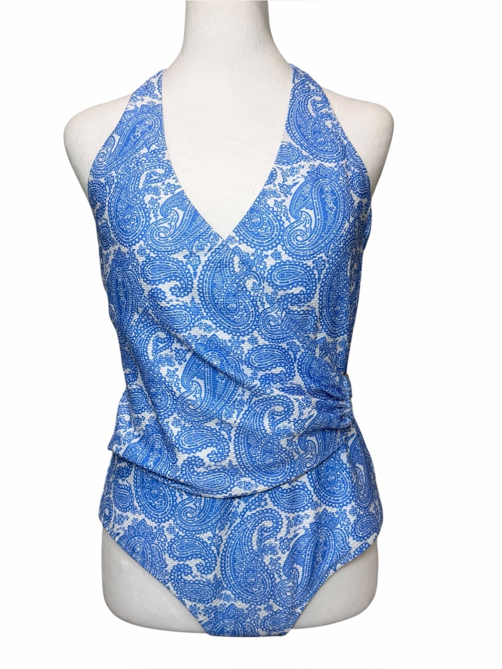 Heidi Klein Cap Mala Swimsuit Womens XL Blue Paisley Halter One Piece Ruched